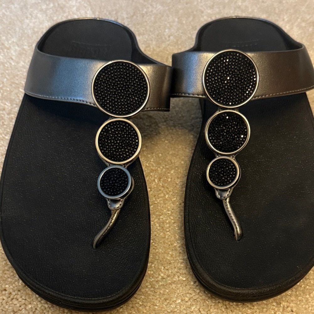 Fitflop Black Wedge Sandals with Metallic silver leather straps